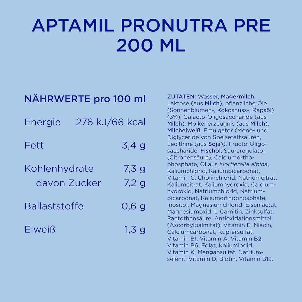 Aptamil Pronutra Pre – Formulă pentru sugari de la naștere – Cu uleiuri vegetale, fără ulei de palmier – 6 x 4 x 200 ml (4800 ml)
