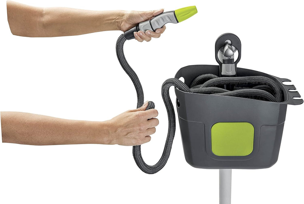 GF SRL, Aquapop Grey Pro 15, furtun împletit autoextensibil Fabricat în Italia, cu recipient rigid din plastic, mini pulverizator de grădină ergonomic, racorduri pentru irigarea grădinii, gri închis