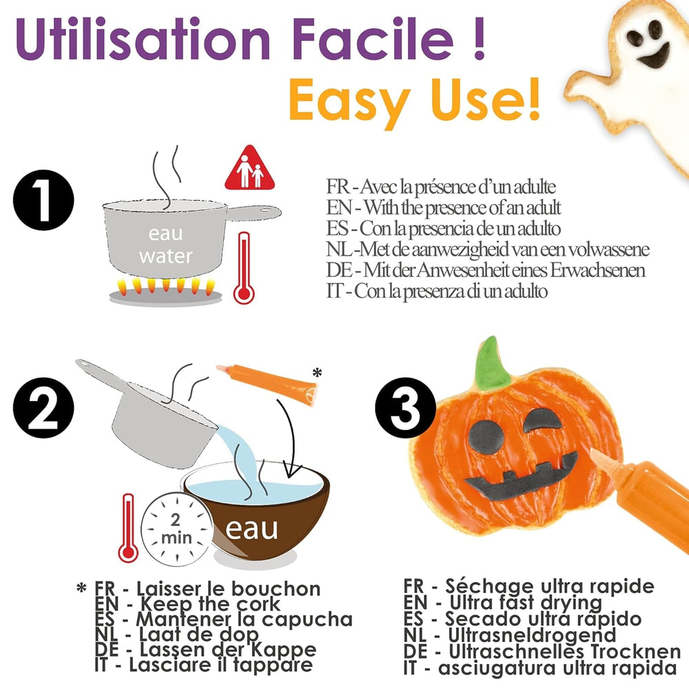 Scrapcooking - Set de 4 creioane colorate de ciocolată pentru Halloween - Negru, portocaliu, violet și alb - Colorant comestibil - Colorant alimentar pentru scris - Scrie și desenează pe deserturi, prăjituri și fursecuri - 7064