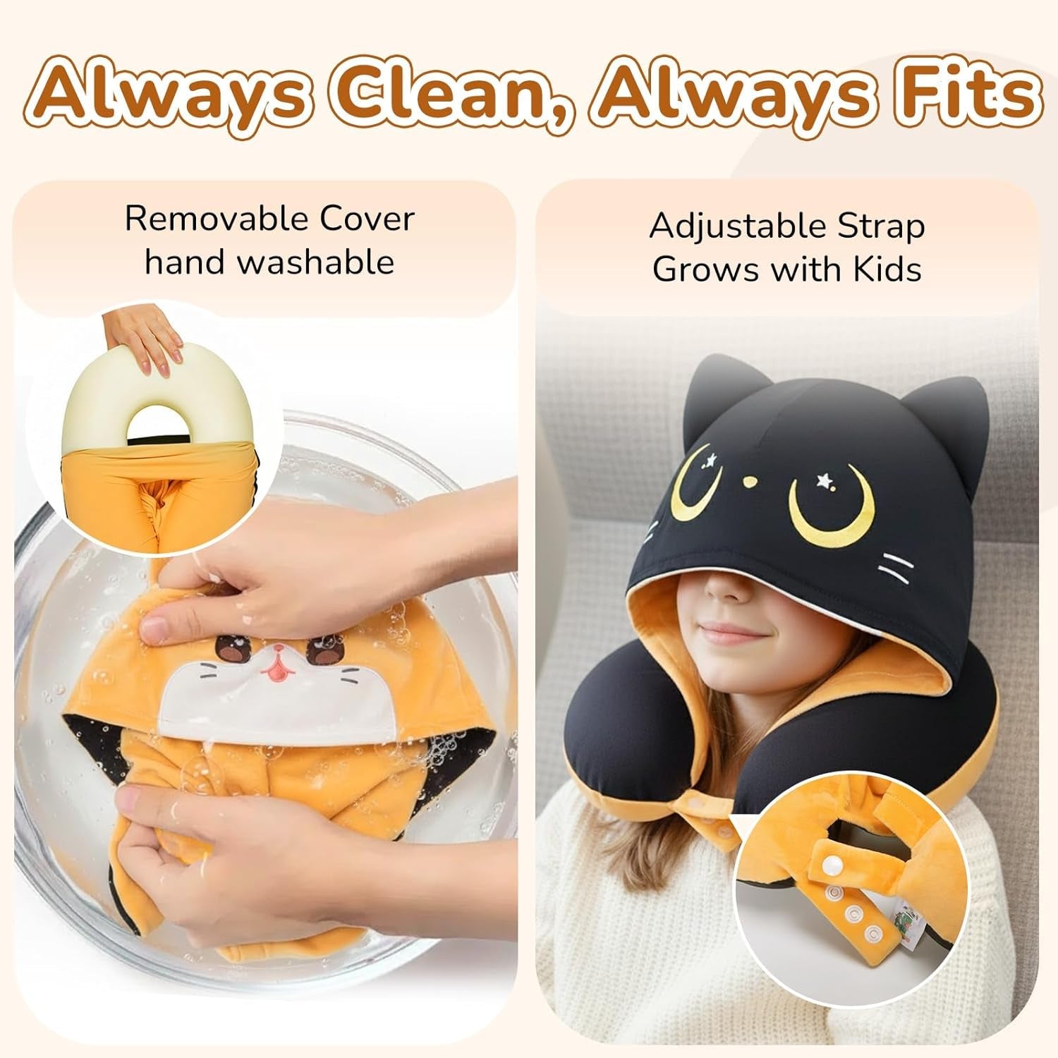 Pernă de călătorie Mewaii, pernă cu două fețe pentru adulți, pernă de gât din spumă cu memorie pentru avion, pernă de zbor reversibilă cu glugă pentru pisică, curea reglabilă