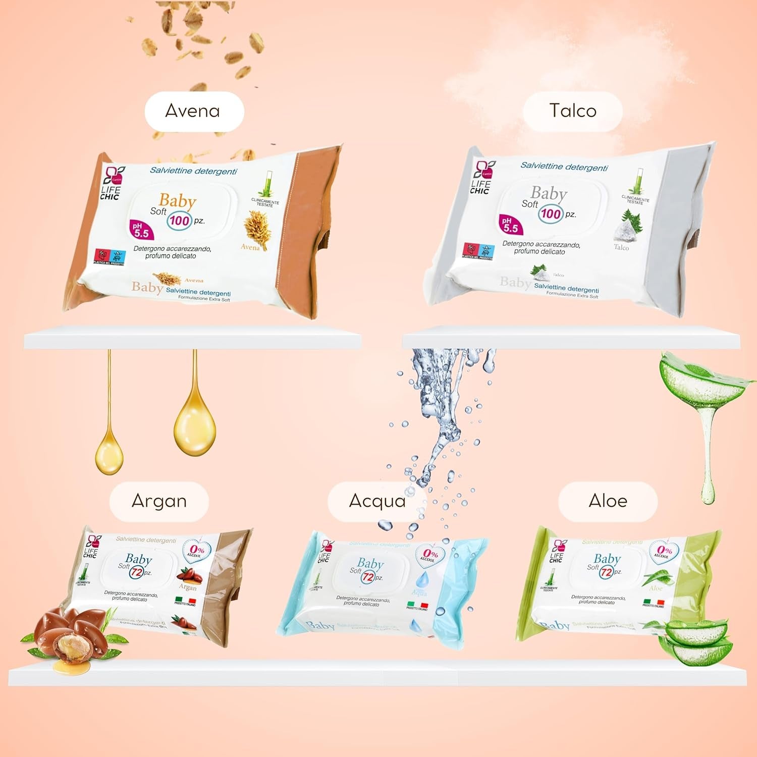 Șervețele umede pentru bebeluși cu talc, pentru piele sensibilă, fără alcool, prietenoase cu pielea, pH 5,5, parfumate ușor, 1200 bucăți (12 pachete)