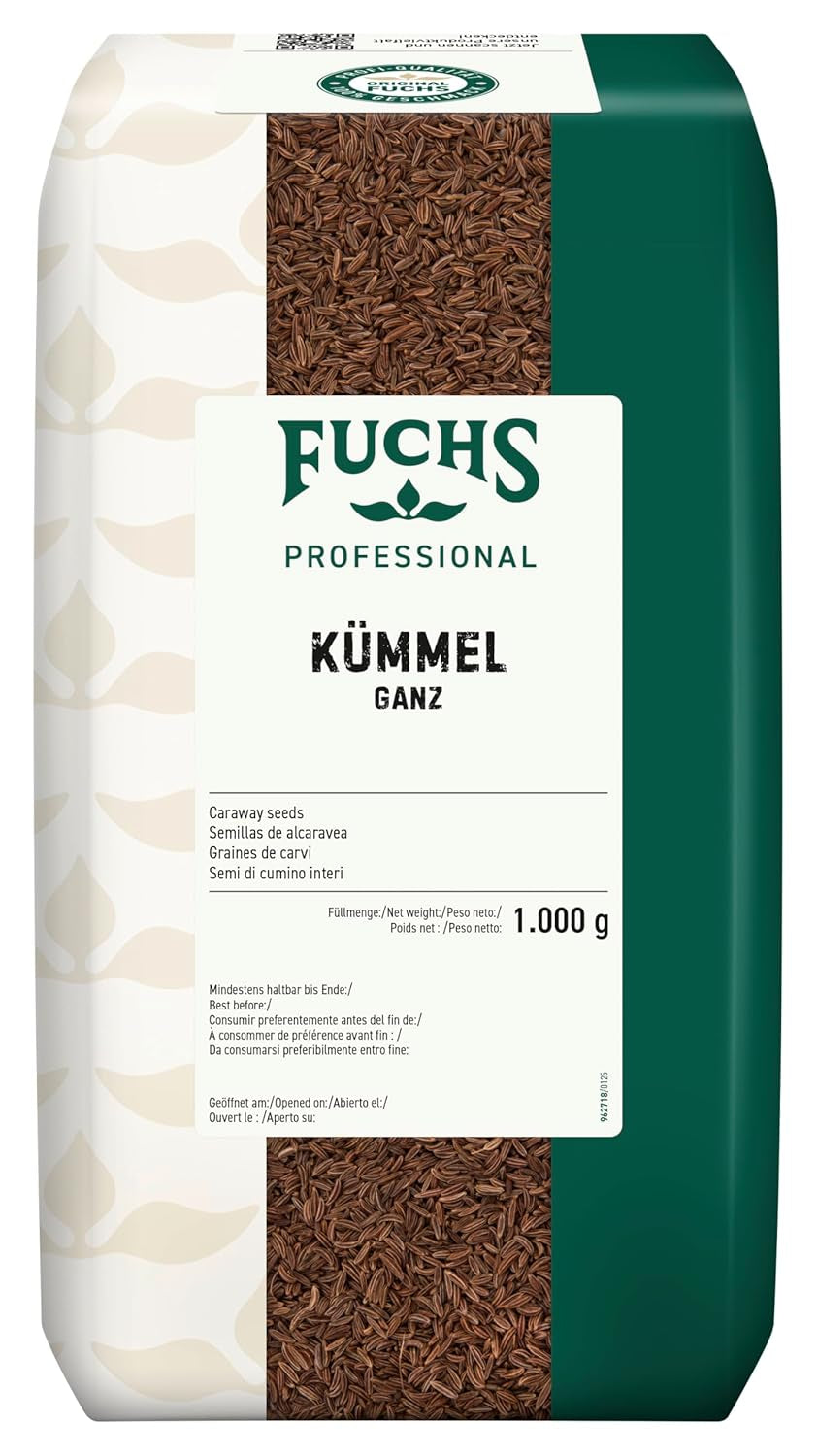 Fuchs Professional - Kümmel ganz | Ungemahlen, zum Würzen von Bratkartoffeln oder Krautgerichten | Profi-Qualität für Großverbraucher und Gastronomie | 1 kg im recyclebaren Beutel