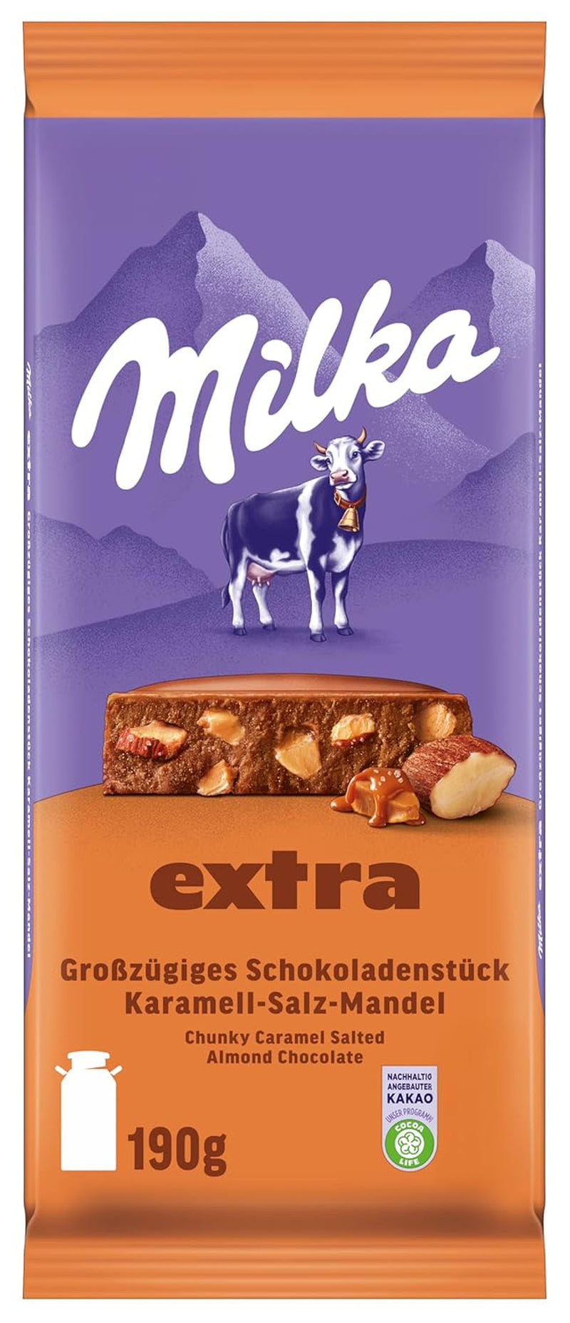 Milka Extra Caramel Sare Migdale – Ciocolată cu lapte alpină cu bucăți de caramel, migdale și un praf de sare – 190g