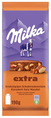 Milka Extra Caramel Sare Migdale – Ciocolată cu lapte alpină cu bucăți de caramel, migdale și un praf de sare – 190g