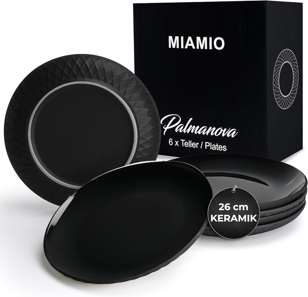 MIAMIO - Set de veselă/farfurii ceramice moderne, format din 6 piese, pentru 6 persoane - Colecția Palmanova (Negru, Farfurii mari (6x))