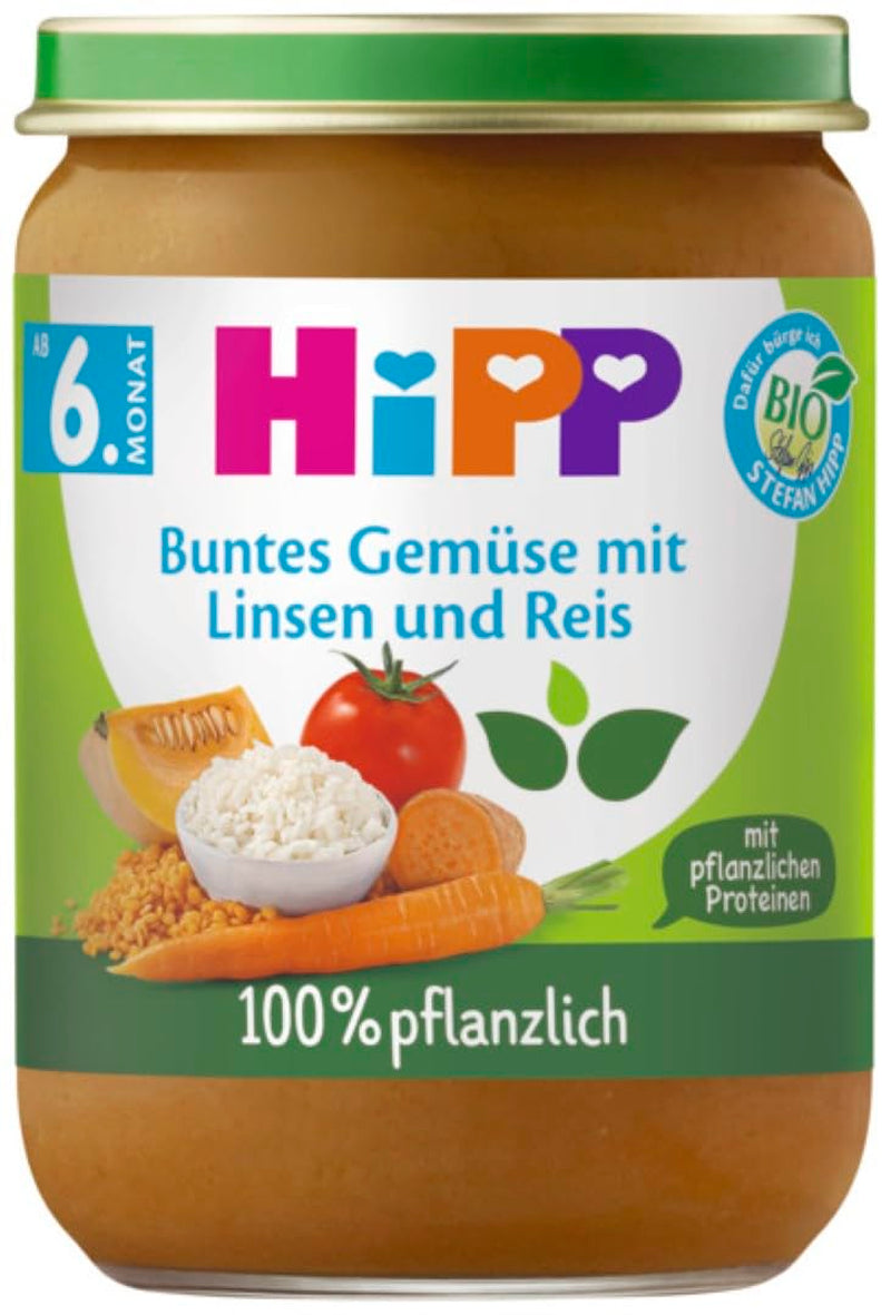 Legume colorate organice HiPP cu linte și orez (6 x 190g), de la 6 luni, 100% pe bază de plante, fără sare adăugată, cu Omega-3, de cea mai bună calitate organică