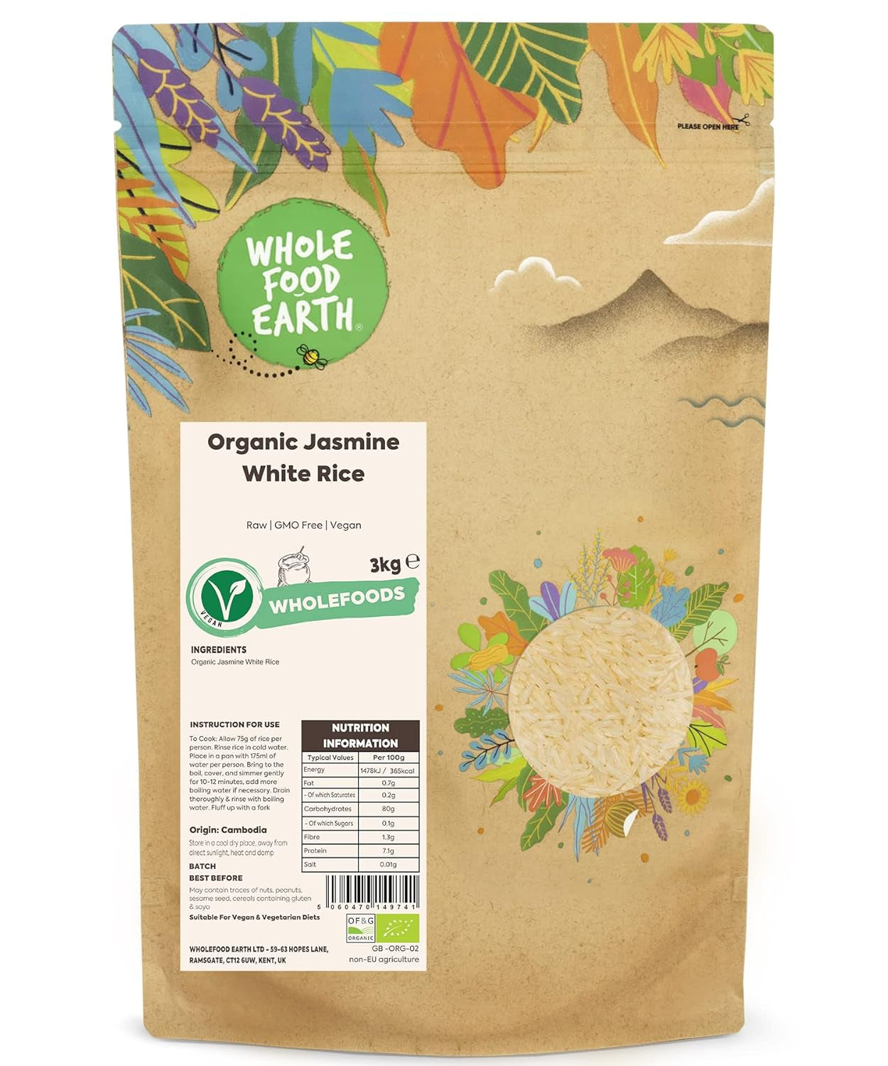 Orez alb cu iasomie Wholefood Earth Organic 3kg Crud | Fără OMG | Vegan | Sursă de fibre | Certificat organic
