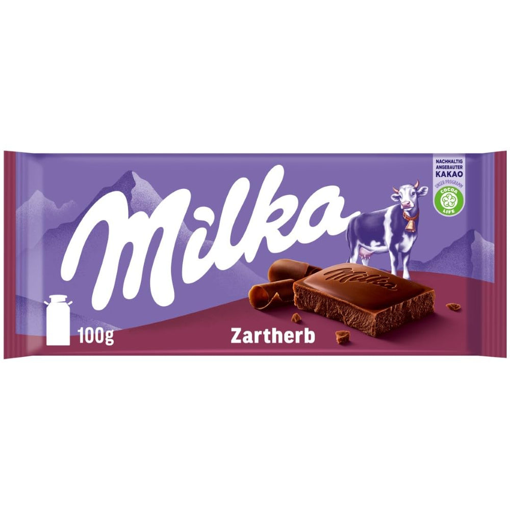 Milka Zartherb – ciocolată alpină neagră cu lapte, cu o notă delicată de cacao, într-un pachet multiplu – 25 x 90g
