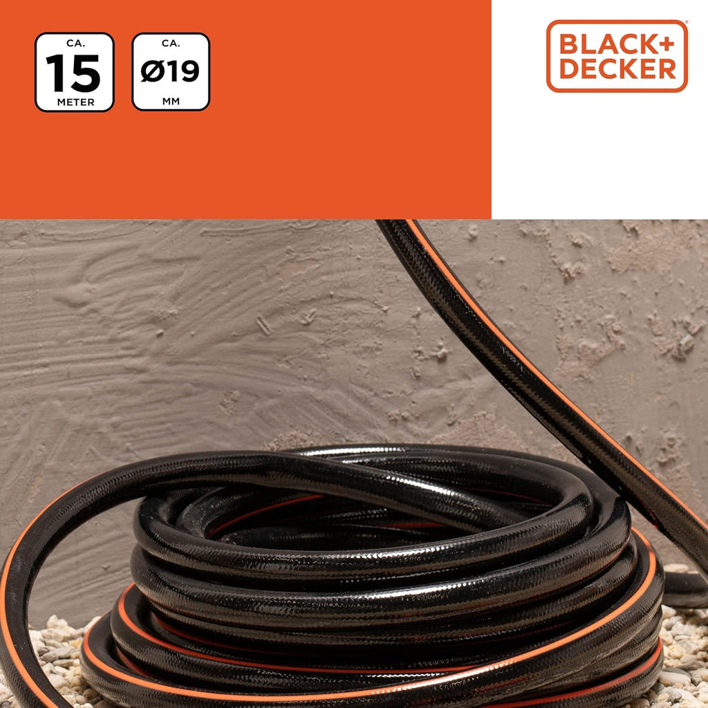 Furtun de grădină BLACK+DECKER 15 metri - Ø19MM - PVC durabil - Udarea grădinii, spălarea mașinii, umplerea piscinei - Compatibil cu orice robinet standard - Negru/Portocaliu