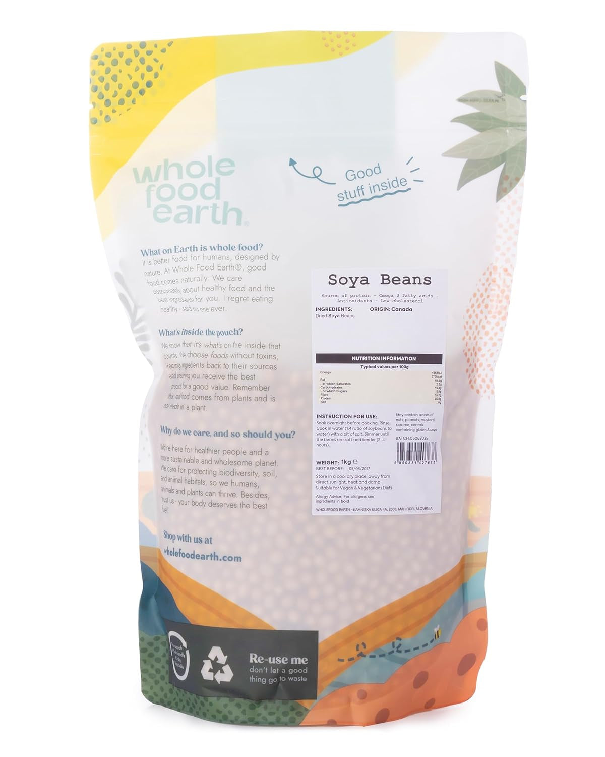 Soia Wholefood Earth – fără OMG – naturală – vegană – fără lactate – fără zahăr adăugat 1 kg