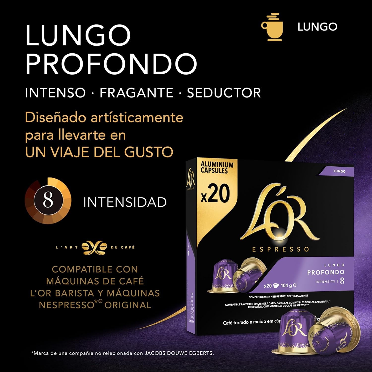 L'OR Espresso Koffiecups Lungo Profondo (200 Lungo Koffie Capsules, Geschikt voor Nespresso* Koffiemachines, Intensiteit 08/12, 100% Arabica Koffie, UTZ Gecertificeerd), 10 x 20 Cups