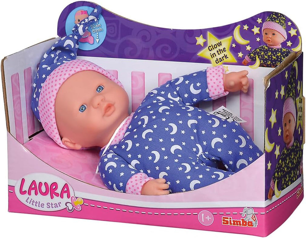 Simba 105010010 - Laura Little Star, păpușă cu corp moale în rochiță dulce și șapcă cu luni și stele strălucitoare, 20 cm, strălucește în întuneric, păpușă pentru copii de la 12 luni, albastru Papusi Naty Shop