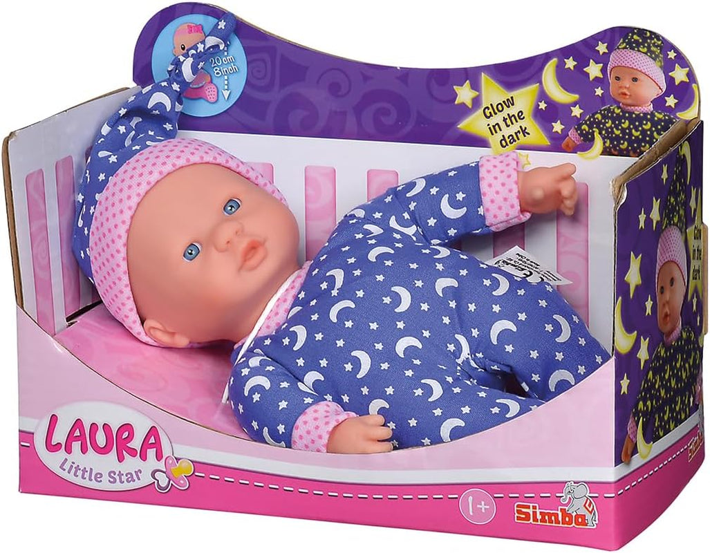 Simba 105010010 - Laura Kleiner Stern, Weichkörperpuppe in süßem Strampler und Mütze mit leuchtenden Monden und Sternen, 20cm, Glow in The Dark, Babypuppe ab 12 Monaten