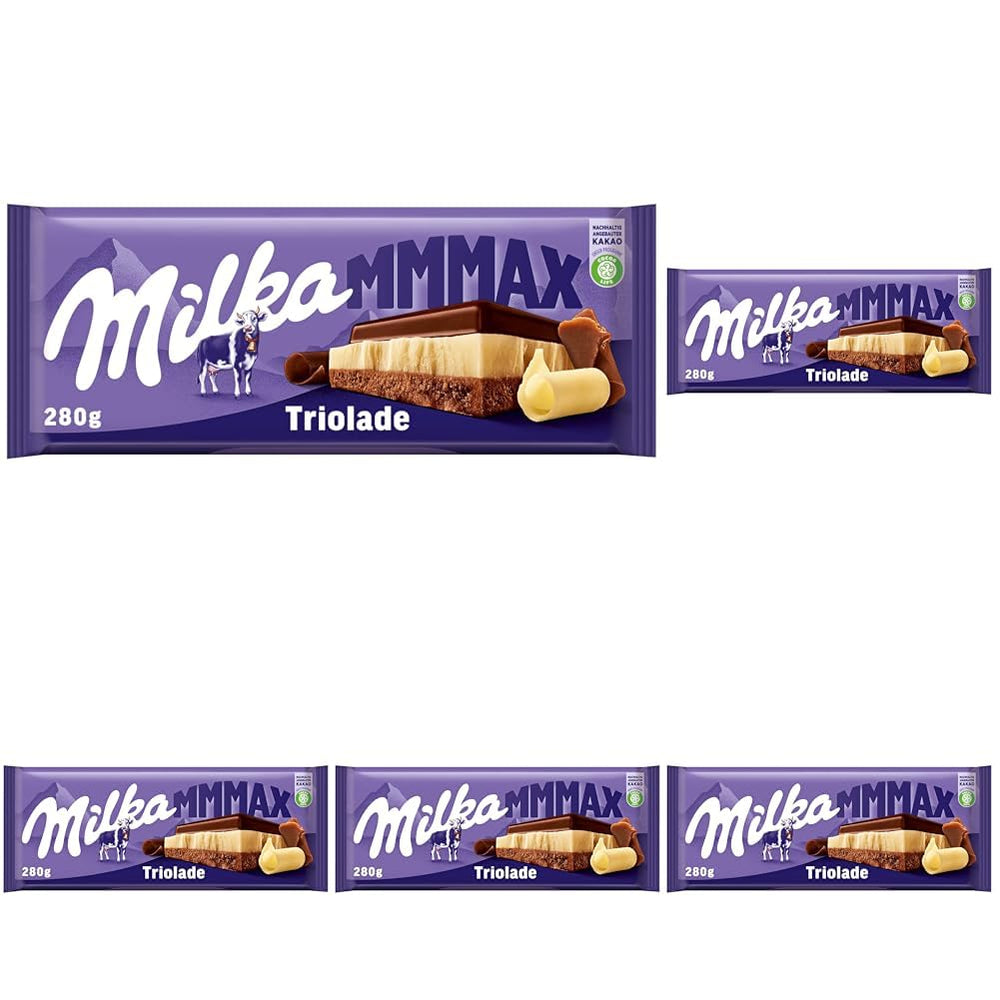 Milka Triolade 1 x 280g | Tabletă mare din trei straturi de ciocolată | Ciocolată cu lapte alpină, ciocolată albă și neagră | Ciocolată Milka din 100% lapte alpin | Tablete de ciocolată (pachet de 5)