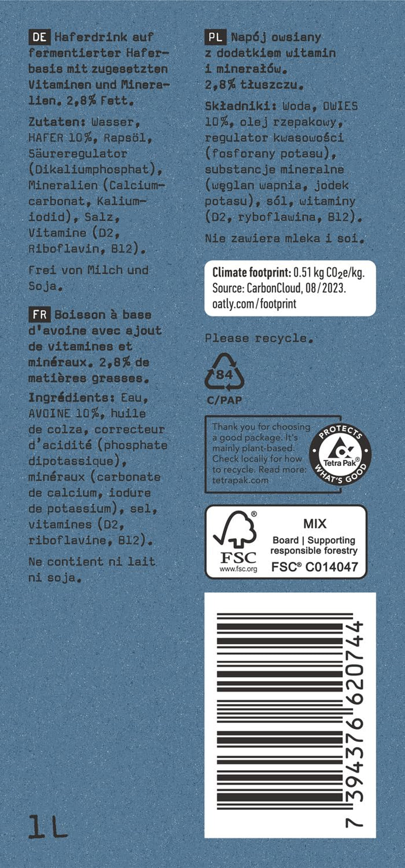 Oatly Haferdrink 2,8% Fett - Packung mit 6 (6 x 1 Liter)