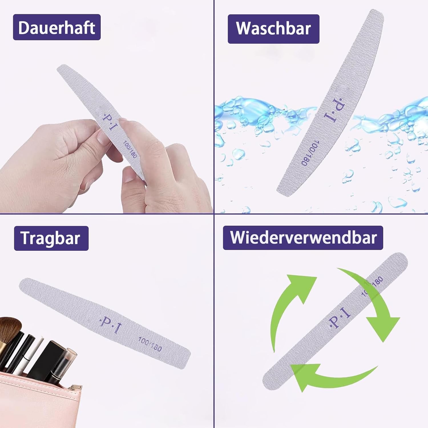 Set de 3 pile de unghii, pile de unghii pentru unghii cu gel, accesorii pentru unghii cu gel rezistente la uzură și lavabile, pilă de unghii profesională 100/180 cu 3 forme, albă