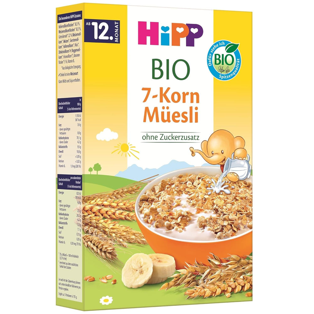 Muesli organic HiPP cu 7 cereale (8 x 200 g), de la 12 luni, fără zahăr adăugat, bucăți extra fine - ușor de mestecat, de cea mai bună calitate organică
