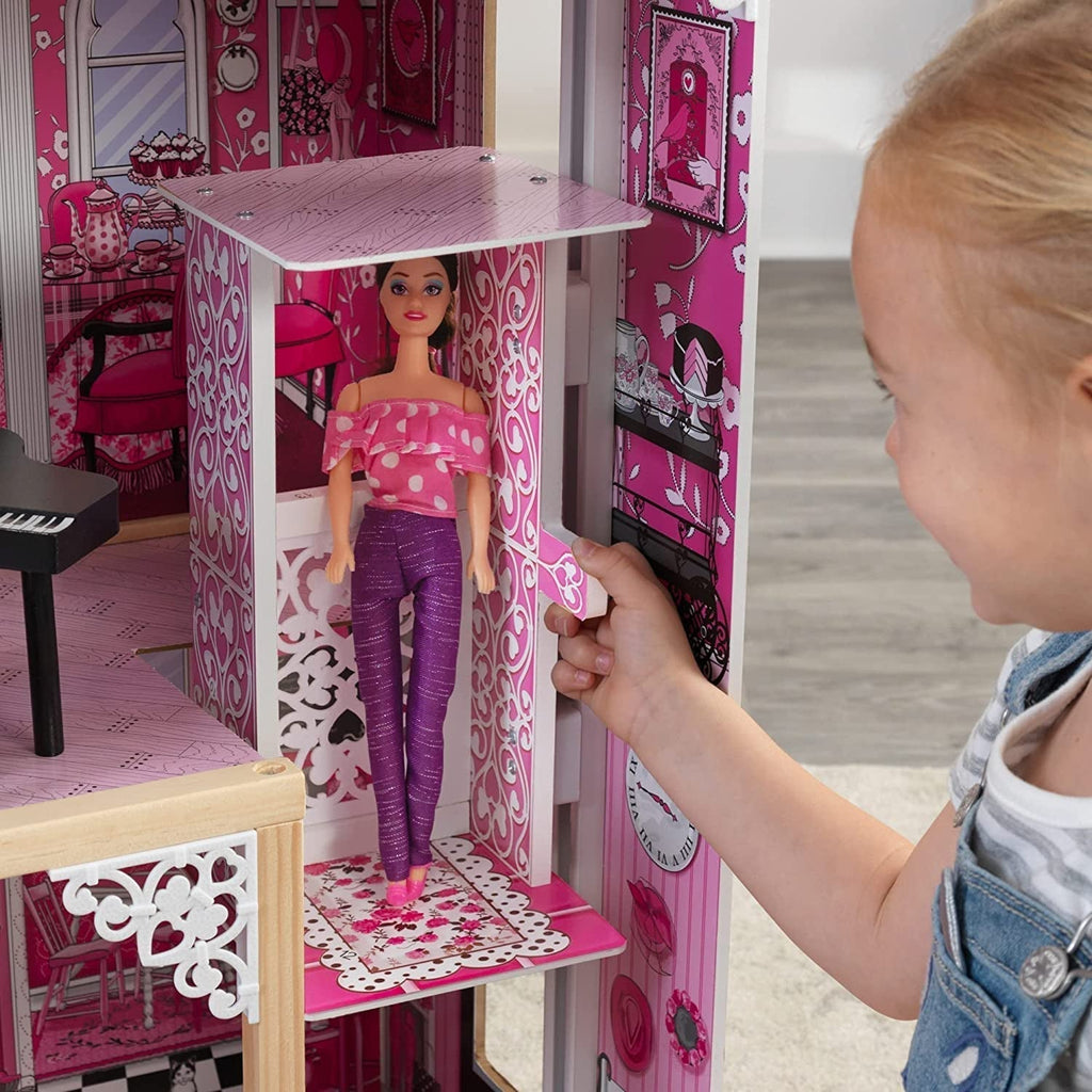 Casă de păpuși din lemn Kidkraft Amelia cu mobilier și accesorii, set de joacă cu balcon și lift pentru păpuși de 30 cm, jucărie pentru copii de la 3 ani, 65093 Casute de papusi Naty Shop