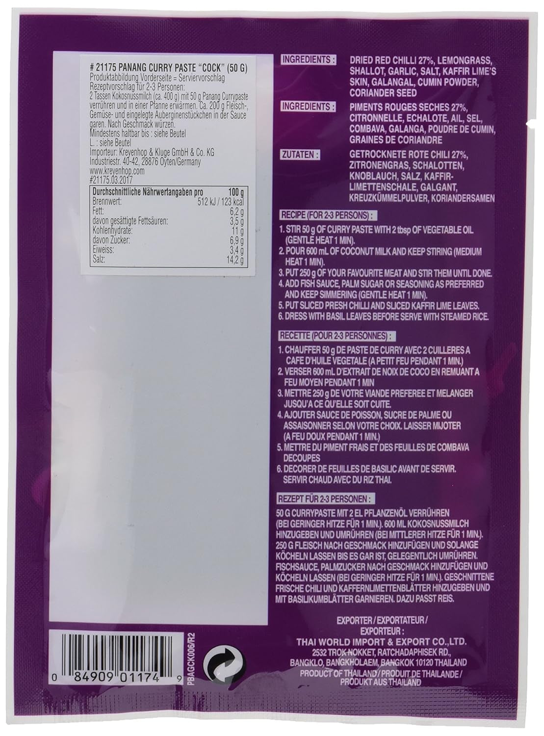 Cock Currypaste Panang, mittlere Schärfe, authentisch thailändisch Kochen, natürliche Zutaten, vegan, halal und glutenfrei (1 x 50 g)