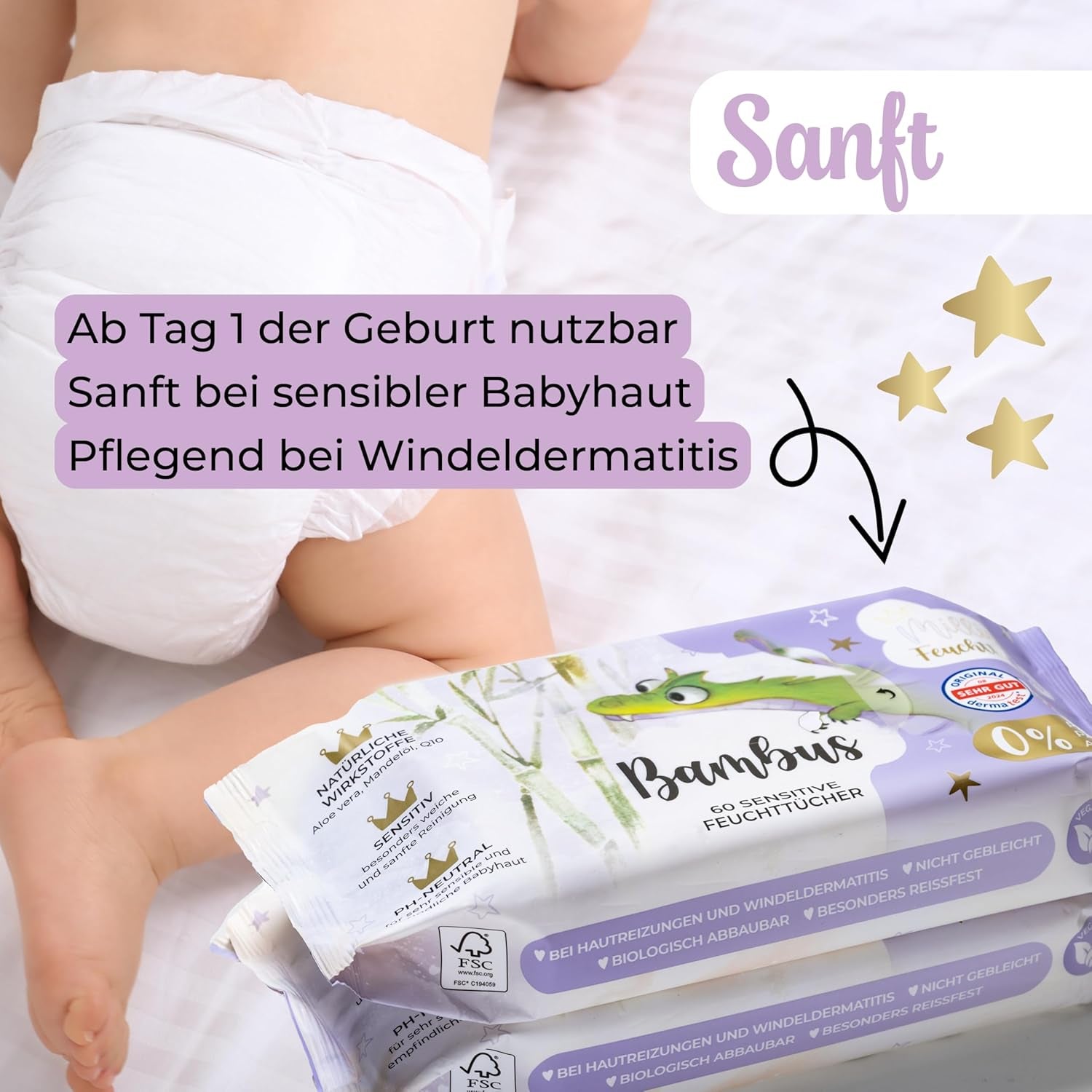 Șervețele umede Millis Bamboo Baby Sensitive pentru pielea delicată a bebelușilor – 5 x 60 bucăți – Curățare naturală, blândă și sustenabilă – Șervețele biodegradabile pentru bebeluși, fără plastic și fără alcool