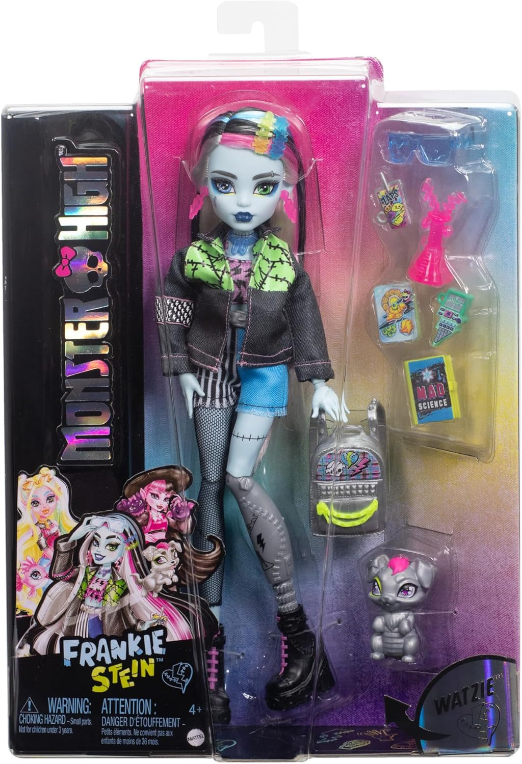 Păpușă Monster High Frankie Stone cu jachetă din denim și pantaloni scurți, include câinele Watzie și accesorii precum un rucsac, o gustare și un notebook, HXH73 Papusi Naty Shop