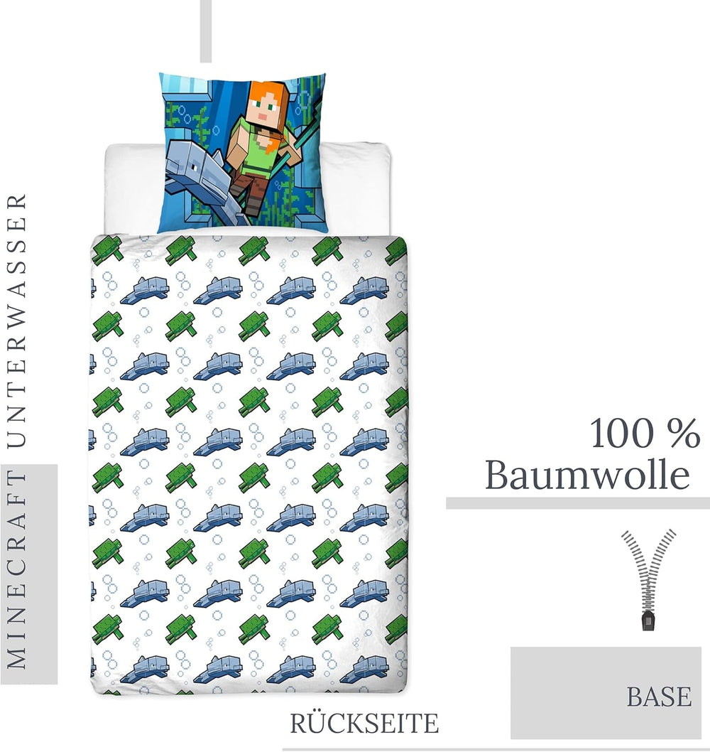 Minecraft Bettwäsche Kinderbettwäsche Jugendbettwäsche 135X200 · Unterwasserwelt · Wende Motiv · Kissenbezug 80X80 + Bettbezug 135X200 Cm · 100% Baumwolle · Deutsche Größe Naty Shop
