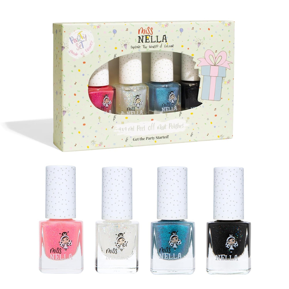 Set de ojă cu sclipici Miss Nella Magic Collection, 4 piese: roz, roșu, auriu și albastru, ojă detașabilă specială pentru copii, non-toxică, pe bază de apă și inodoră