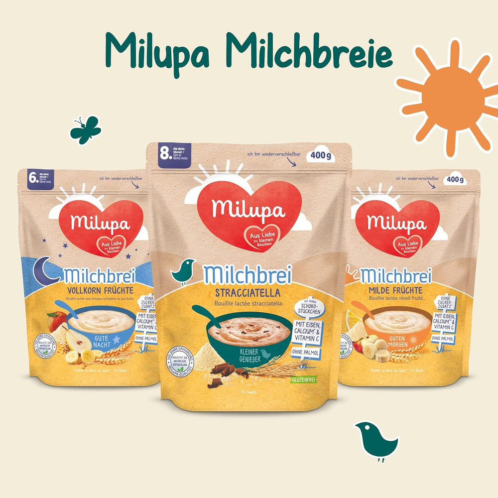 Terci de lapte Milupa Stracciatella – Cereale pentru bebeluși fără gluten, fără ulei de palmier – Fără conservanți și coloranți – De la 8 luni – 4 x 400 g