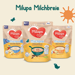 Terci de lapte Milupa Stracciatella – Cereale pentru bebeluși fără gluten, fără ulei de palmier – Fără conservanți și coloranți – De la 8 luni – 4 x 400 g
