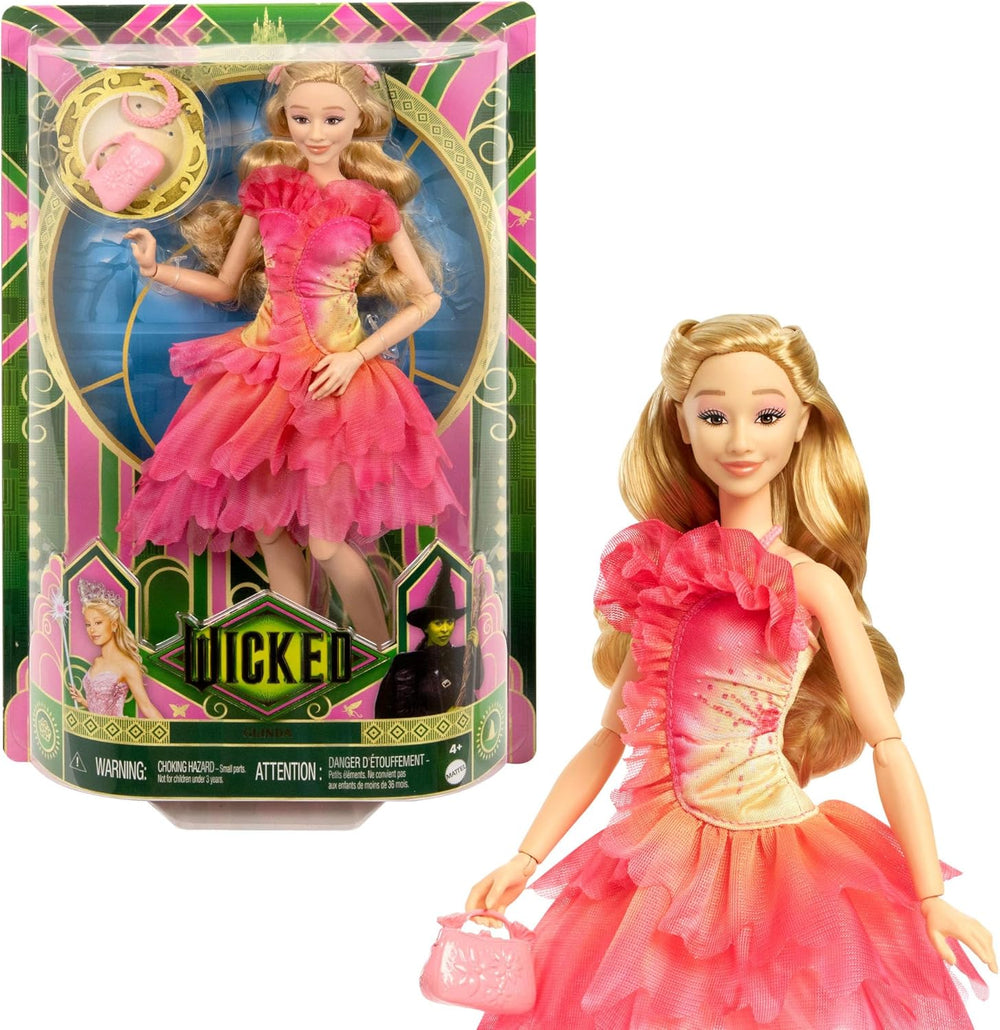 Păpușă de modă Mattel Wicked Glinda și accesorii cu păr blond, diverse poziții posibile și aspect de rochie de bal detașabilă, HXT63