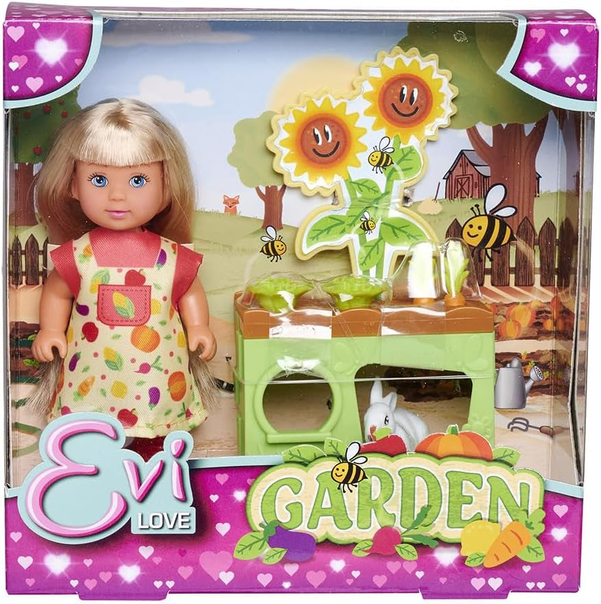 Simba Evi Love Garden, Puppe im Garten mit Hochbeet und Gemüse zum Ernten, inklusive kleinem Hasen, 12cm Spielpuppe, ab 3 Jahren
