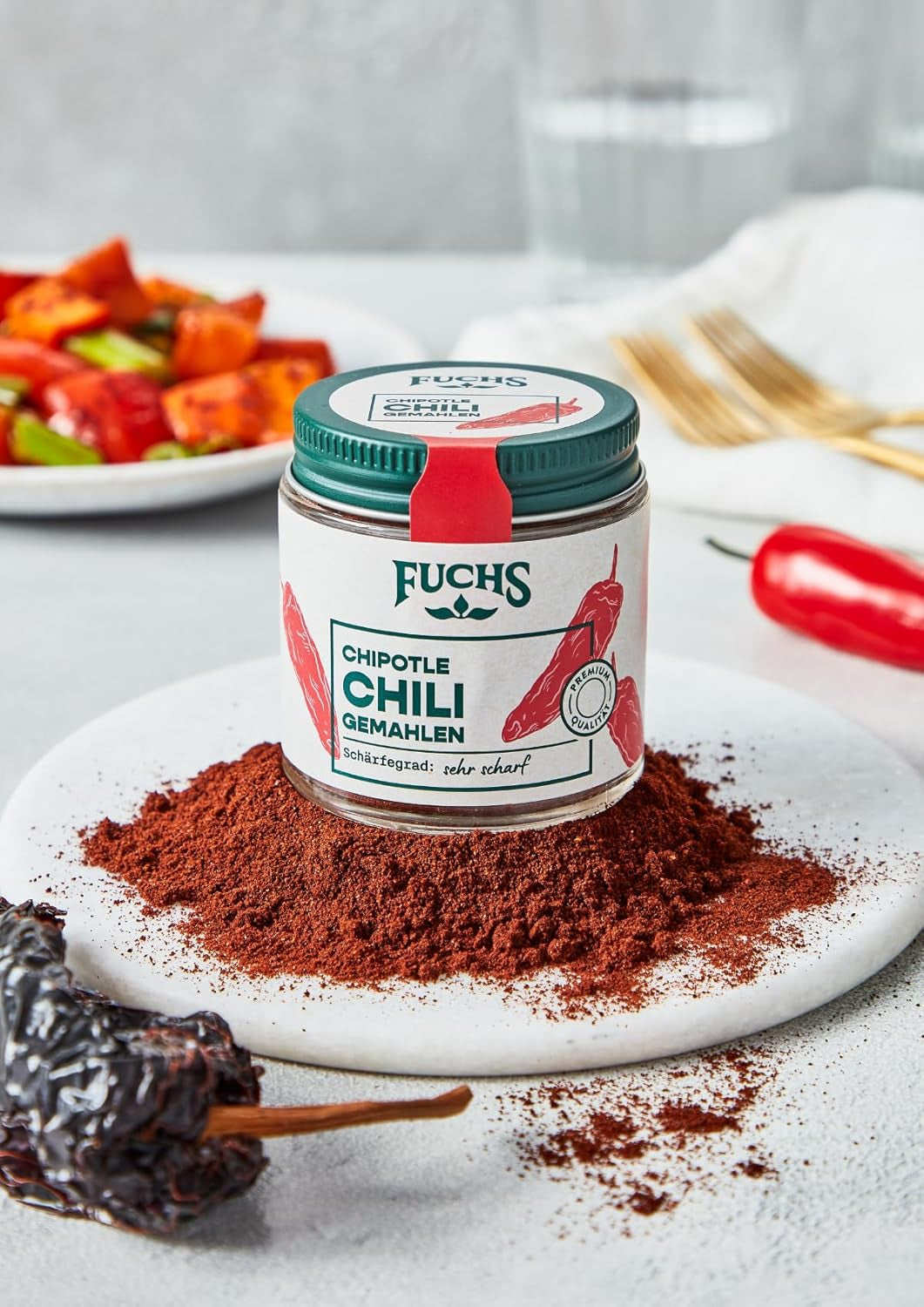 Fuchs Gewürze - Chipotle Chili gemahlen | Rauchiges Chilipulver | Chilipulver in Premium-Qualität | 50 g im wiederverschließbaren Gewürzglas
