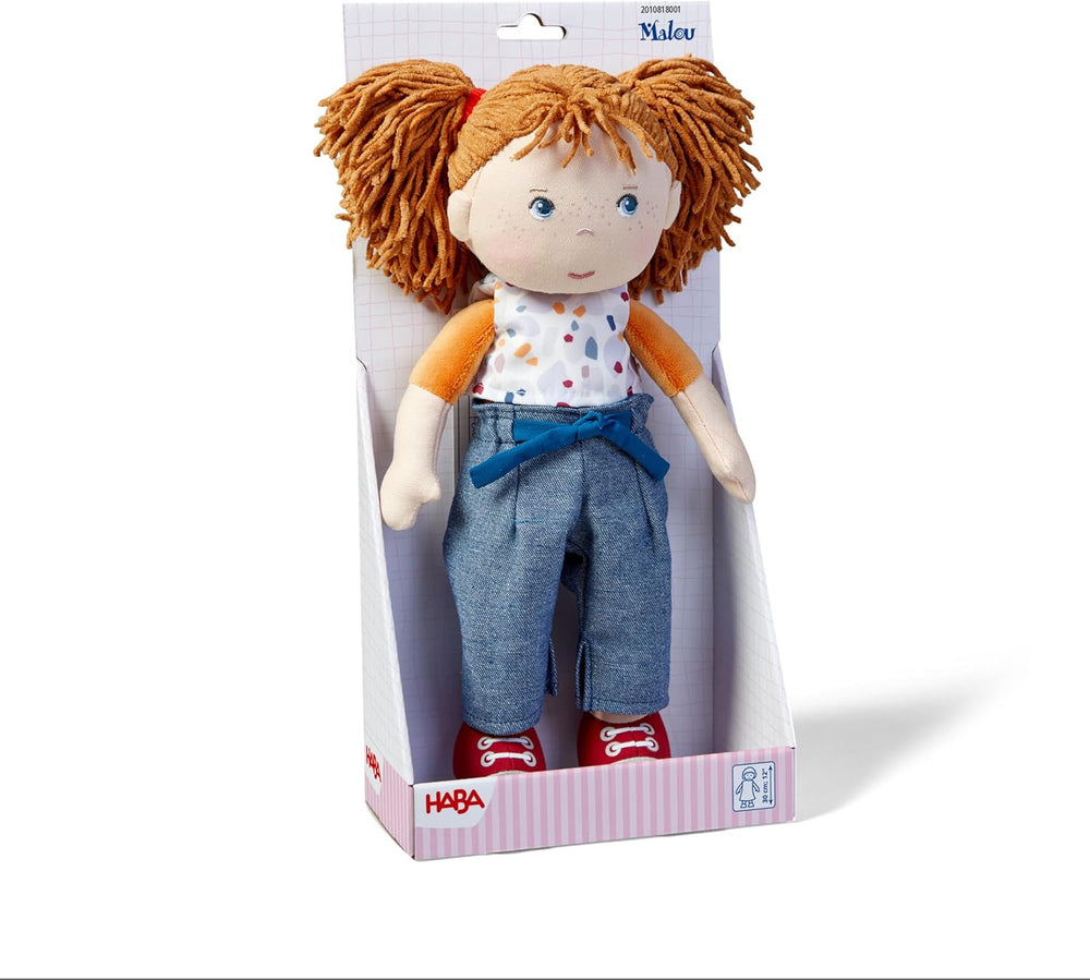 Păpușa HABA Malou - păpușă moale de 30 cm înălțime pentru joacă și îmbrățișare - Materiale moi și lavabile - Alternativă ideală la păpușile de pluș - Potrivită pentru copii de la 1,5 ani - 2010818001