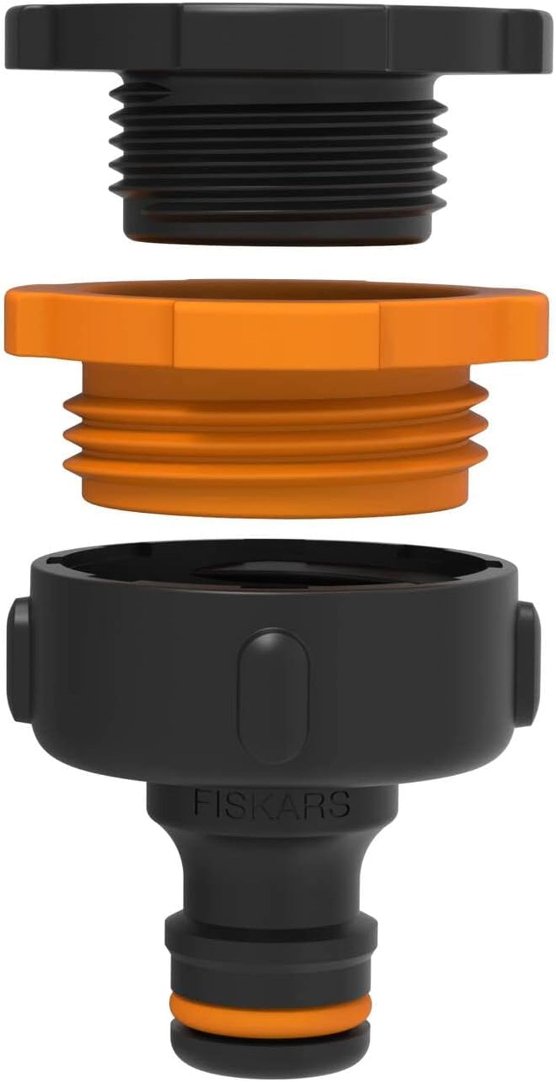 Conector multi-filet Fiskars, filet interior pentru diferite dimensiuni de robinet, pentru trei dimensiuni de filet Ø 21 mm (1/2"), Ø 26,5 mm (3/4") și Ø 33,3 mm (1"), 17 g, negru/portocaliu, 1027051