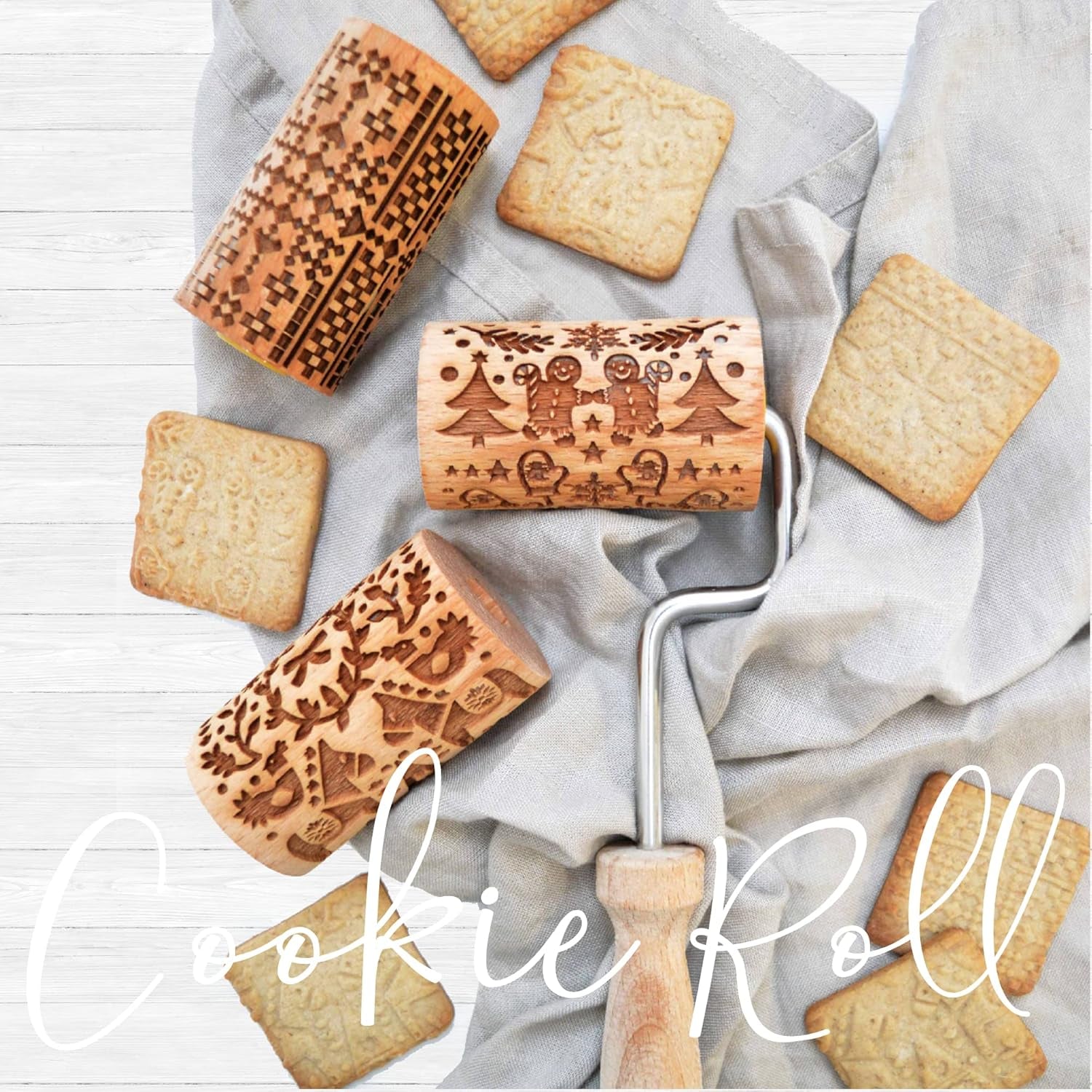 ScrapCooking 3798 Set Rulouri de Biscuiți Crăciun – 3 Mini Rulouri de Biscuiți din Lemn cu Motive – Decorațiuni în Relief – Formă de Biscuiți Sablată
