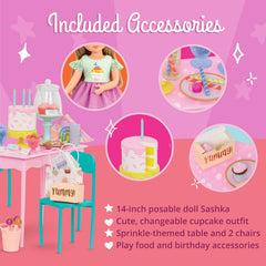 Glitter Girls - GG Surprise Birthday Party Set & Sashka - Bewegliche 36cm Puppe Sashka - Überraschungs-Geburtstagsparty-Set - Tisch & Stühle Möbel - 3 Jahre +