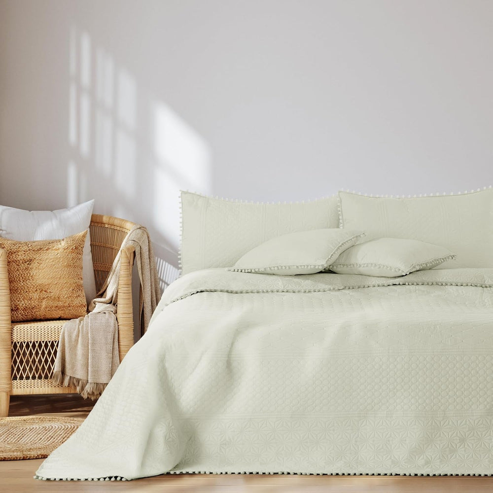 Ameliahome Cuvertură de pat cu pompoane 220X240 Cm Cuvertură de pat cu două fețe Ultrasonic Quilting Poliester Meadore Grey Paturi si Cuverturi Besuche den AmeliaHome-Store Crema Meadore 240X260 Cm