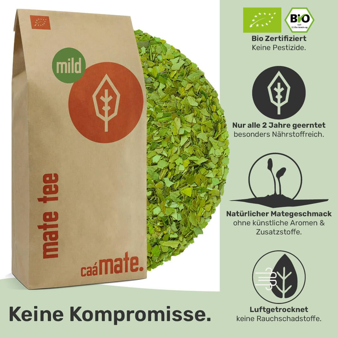 Ceai Mate Bio Mild 1 kg - Pur, proaspăt și verde - Uscat la aer - Yerba Mate organic - Controlat, certificat și ambalat în Germania (1000 g)
