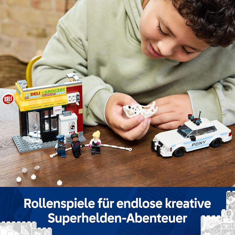 LEGO | Marvel Spider-Verse: Miles Morales vs. Spot - Superhelden Spielset mit Spielzeug Auto - 4 Minifiguren und Mini-Markt - Kreatives Geschenk für Jungen und Mädchen ab 9 Jahren - 76311