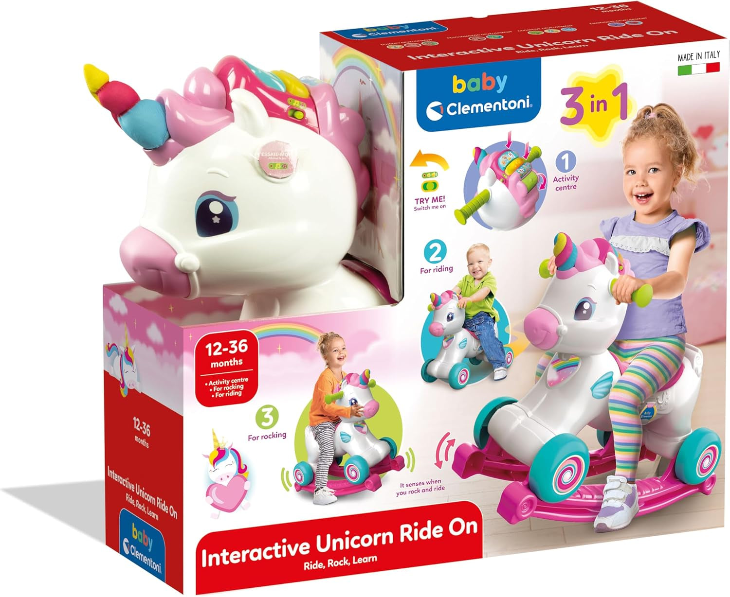 Baby Clementoni swing unicorn - 3in1 animal balansoar cu centru de activitate interactiv pentru copii cu vârsta de 12 luni și peste - Jucărie senzorială și de abilități motorii 17883 Jucarii Bebe Naty Shop