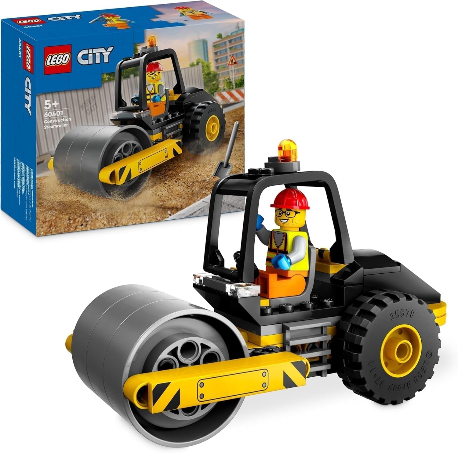 LEGO City Road Roller, vehicul de șantier pentru copii de la 5 ani, jucărie cu role cu aburi cu minifigurină de muncitor în construcții, experiență de joacă imaginativă pentru băieți și fete, mic, cadou distractiv 60401 Seturi de constructie Besuche den LEGO-Store Singur