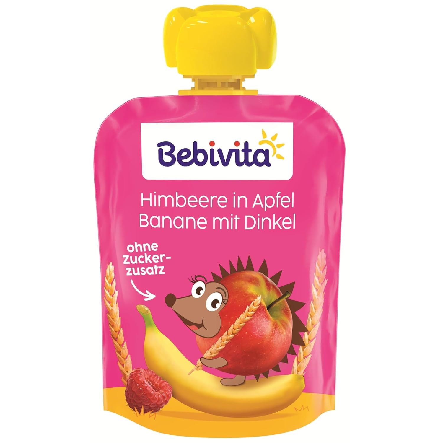 Pliculețe stoarcibile cu fructe, zmeură, măr, banană și speltă – 16 bucăți (pachet de 4, 4 x 90 g fiecare), fără zahăr adăugat, făcute din fructe blânde și cereale valoroase, ideale pentru gustări la pachet și pentru consumul independent