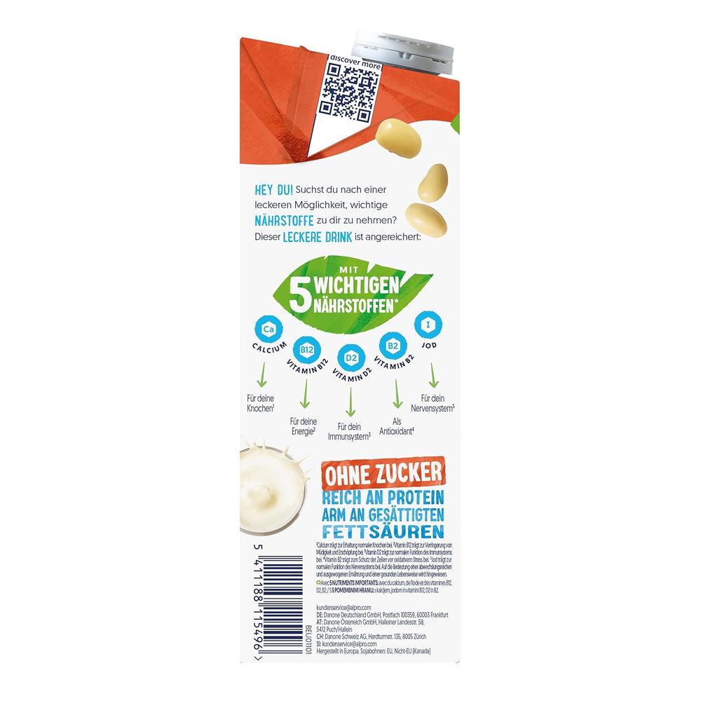 Alpro Sojadrink – Vegan und milchfrei – Von Natur aus laktosefrei und fettarm – Reich an pflanzlichen Proteinen, beinhaltet Calcium und Vitamine – 8 x 1 L – Haltbar