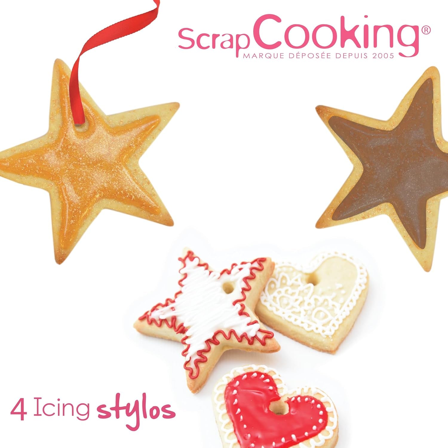 Scrapcooking – 4 markere pentru piese: auriu, ciocolatiu, alb și roșu – pixuri decorative comestibile pentru scris și desenat pe deserturi, prăjituri și biscuiți