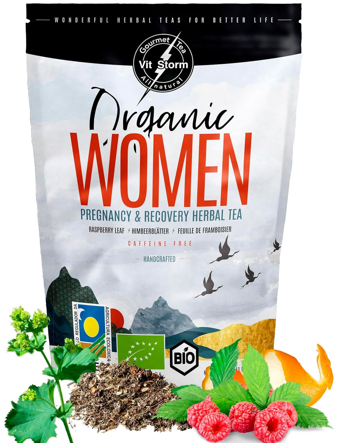 VITSTORM® BIO TEE Mom &amp; Kids – Ceai pentru femei și alăptare – Rooibos, mere, fenicul, melisă, alchemilla, căpșuni – Ceai relaxant - Fructat și delicios - Fără cofeină - Ceai din plante 100 g