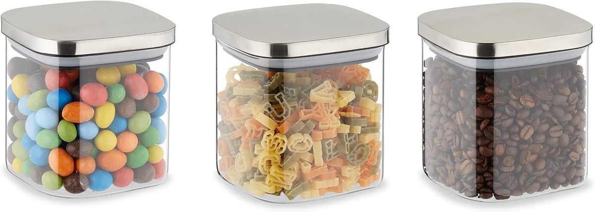 Borcane de depozitare Relaxdays cu capac, set de 3, 600 ml, borcane de depozitare pătrate, recipiente de sticlă etanșe, transparente/argintii Cutii depozitare alimente Naty Shop Titlu implicit