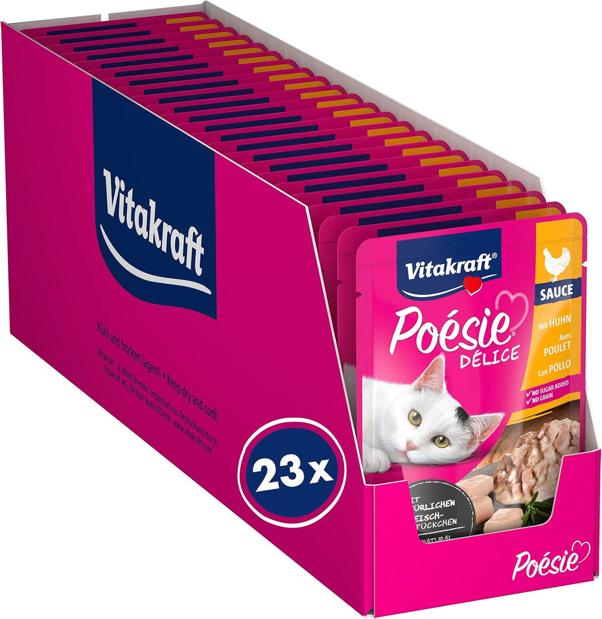 Vitakraft Poésie Délice, Nassfutter Katze, Katzennassfutter in Sauce, mit Huhn, Vorratspackung, ohne Zusatz von Zucker und Getreide (23x 85g)