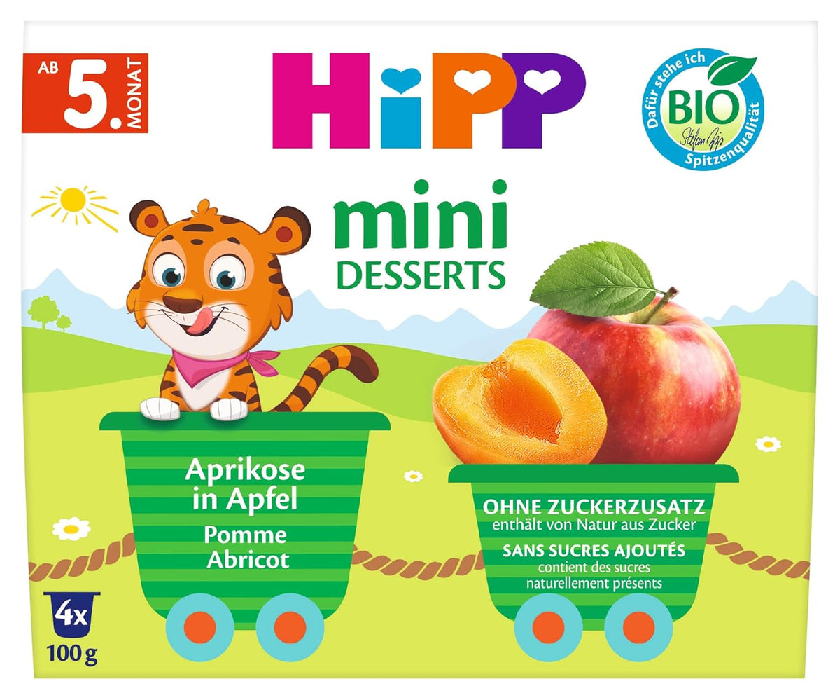 HiPP Mini Desert Organic cu Caise și Măr (pachet de 6 x 4 x 100 g), de la 5 luni, în cupe practice, fără zahăr adăugat, de cea mai bună calitate organică