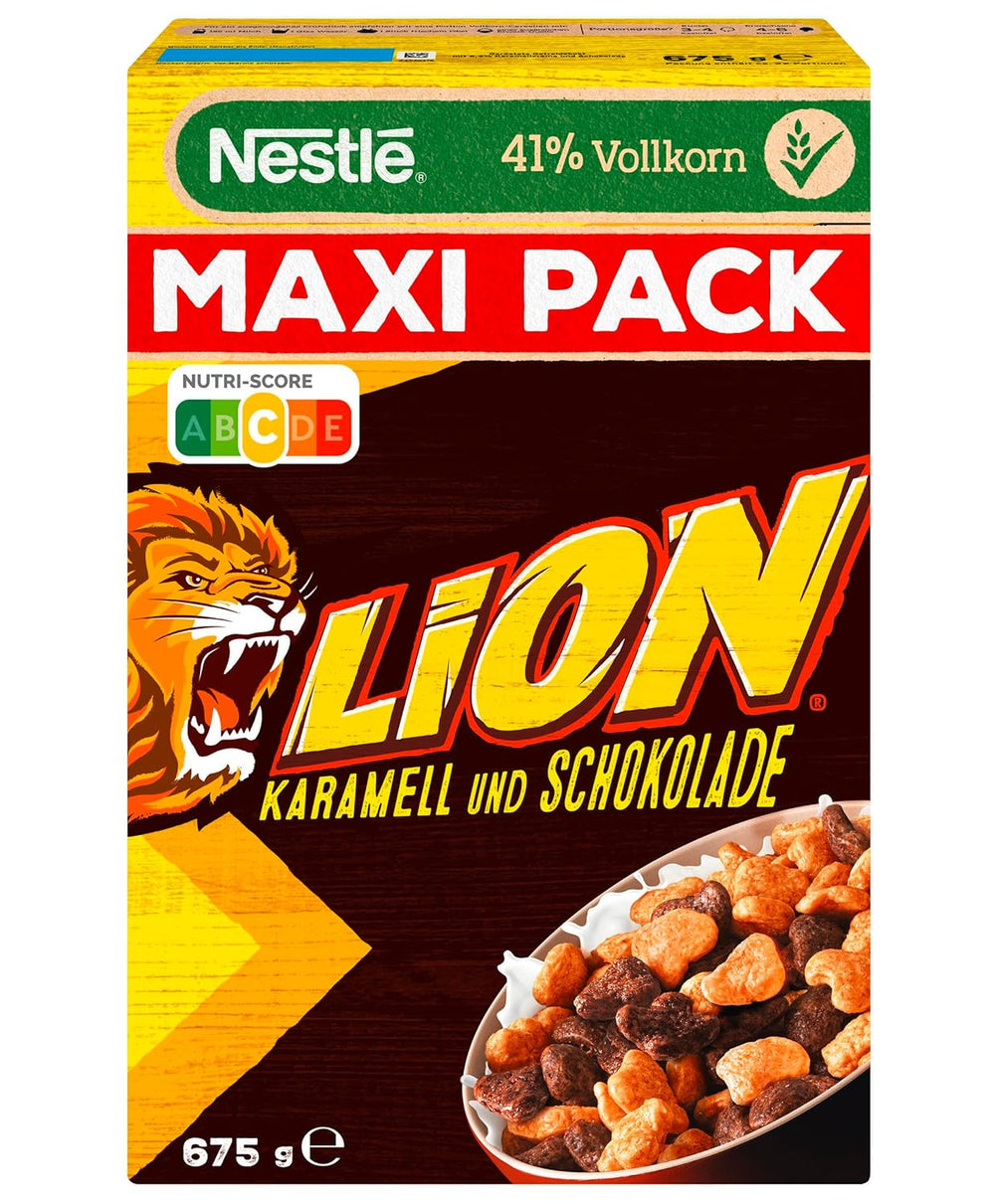 Cereale Nestlé Lion, Fulgi de porumb cu aromă de ciocolată și caramel, 41% cereale integrale vitale, cu vitamine și minerale, Fulgi crocanți, Pachet Maxi Value, Pachet de 4 (4 x 675g)