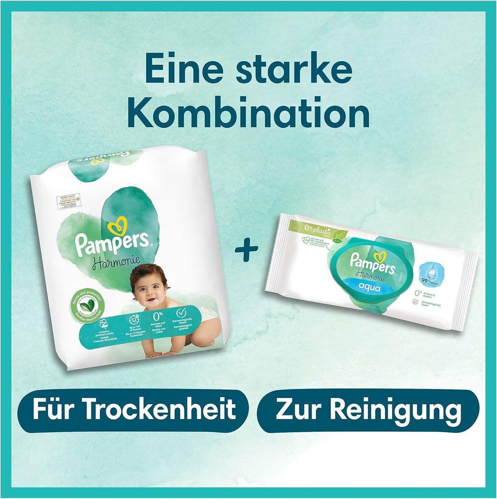 Scutece Pampers pentru bebeluși, mărimea 2 (4-8 kg), Harmony, cutie pentru jumătate de lună, protecție delicată a pielii și ingrediente pe bază de plante, 240 bucăți